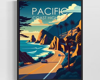 Pacific Coast Highway Retro Art Print, Pacific Coast Hwy Art Illustration, Pacific Coast Ca Vintage Minimal Design Poster
