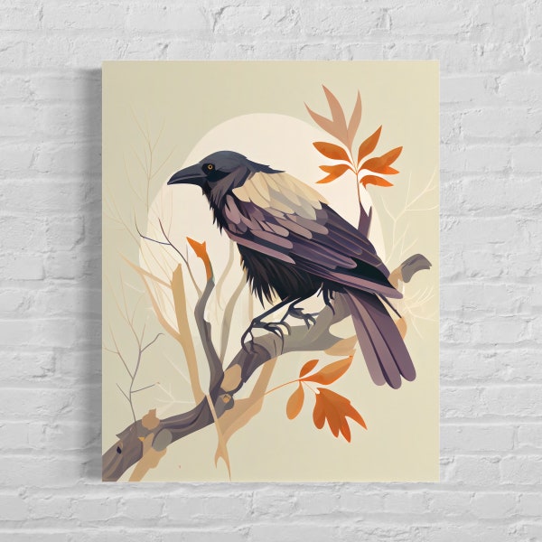 Raven Retro Art Print, Raven Illustration, Raven Vintage Minimal Design Poster