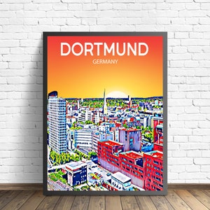 Dortmund Germany Spain Sunset / Night Poster Art Print, Dortmund Sebastian City Framed Modern Wall art, Colorful Skyline Canvas