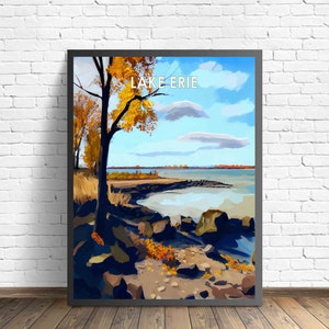 Lake Erie Retro Art Print, Lake Erie muurkunst illustratie, Lake Erie vintage jaren 60 design poster-kunstwerk