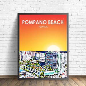 Pompano Beach, Florida zonsondergang landschap posterafdruk, Pompano Beach stad muur canvas kunst kleurrijke skyline schets foto