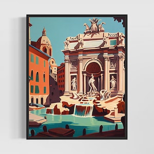 Trevi Fountain Retro Art Print, Trevi Fountain Illustration, Trevi Fountain Vintage Minimal Design Poster