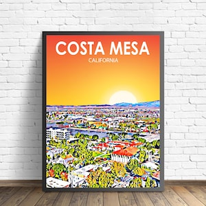 Costa Mesa California Kunst Poster Sonnenuntergang Landschaft Poster Drucken, Costa Mesa Stadt Wandkunst USA Bunte Skyline Skizzenfoto