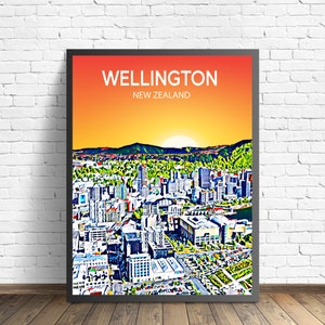 Wellington New Zealand Art Poster,  Sunset / Night Poster Art Print, Wellington City Modern Wall art, Colorful Skyline Canvas Photo