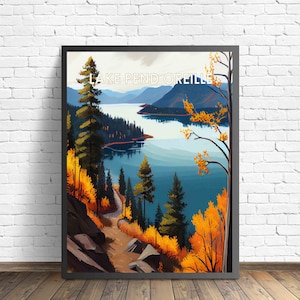 Lake Pend Oreille Idaho Retro Art Print, Lake Pend Oreille Idaho Wall Art Illustration, Vintage 1960&#39;s Design Poster Artwork