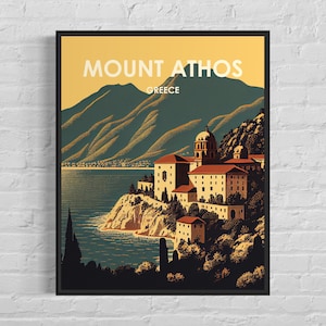 Mount Athos Greece Retro Art Print, Mount Athos Greece Wall Art Illustration, Mount Athos Greece Vintage Minimal Design Poster