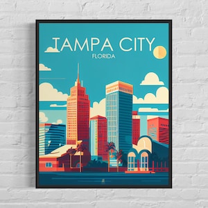 Tampa City Retro Art Print, Tampa City Wall Art Illustration, Tampa City Vintage Minimal Design Poster