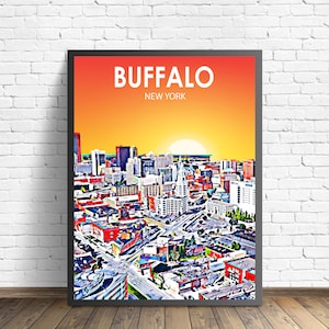 Buffalo NY Art Poster Sunset / Night Landscape Poster Print, Buffalo City Wall Art United States, Colorful Skyline Sketch
