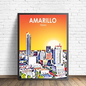 Amarillo Texas Art Poster Sunset / Night Landscape Poster Print, Amarillo Framed Wall Art United States, Colorful Sketch Home Decor