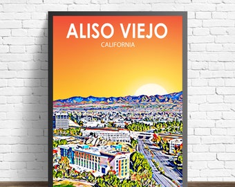 Aliso Viejo CA Art Poster California Sunset / Night Landscape Poster Print, Aliso Viejo Framed Wall Art, Colorful Sketch Home Decor