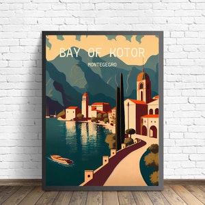 Bucht von Kotor Kroatien Retro Kunstdruck, Bucht von Kotor Wand Kunst Illustration, Bucht von Kotor Vintage Minimal Design Poster