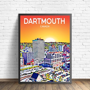 Dartmouth Kanada Kunst Poster Sonnenuntergang / Nacht Poster Kunstdruck, Dartmouth City Moderne Wandkunst, Bunte Skyline Leinwand Skizze