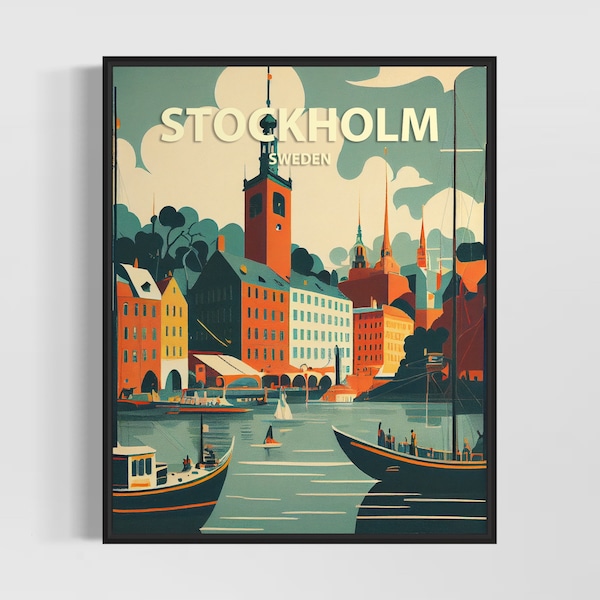 Stockholm Sweden Retro Art Print, Stockholm Wall Art Illustration, Stockholm Vintage Minimal Design Poster