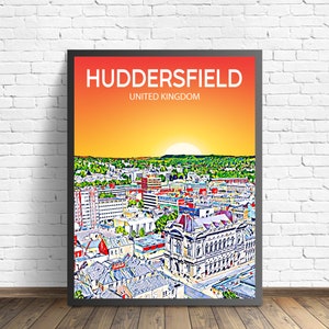 Póster artístico de Huddersfield, Reino Unido, impresión artística con puesta de sol o noche, arte de pared moderno enmarcado de la ciudad de Huddersfield, boceto de lienzo con horizonte colorido