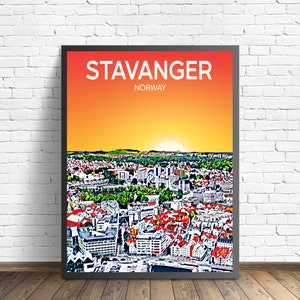 Stavanger Norwegen Kunst Poster Sonnenuntergang / Nacht Poster Kunstdruck, Stavanger On Sea Stadt Moderne Wandkunst, Bunte Skyline Leinwand Foto