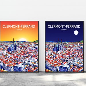 Affiche d'art de Clermont-Ferrand, France, coucher de soleil / nuit, impression d'art, oeuvre d'art murale de la ville de Clermont-Ferrand, esquisse de toile ligne d'horizon colorée