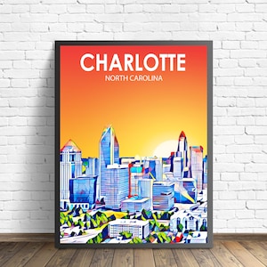 Charlotte North Carolina Art Poster Sunset / Night Landscape Poster Print, Charlotte City Wall Art Skyline Sketch