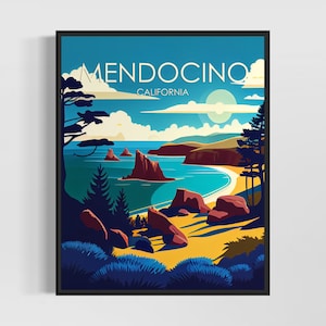 Mendocino California Retro Art Print, Mendocino Art Illustration, Mendocino Vintage Minimal Design Poster