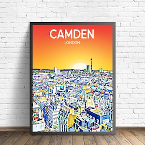 Camden London Art Poster Sunset / Night Poster Art Print, Camden City Modern Wall art, Colorful Skyline Canvas Sketch