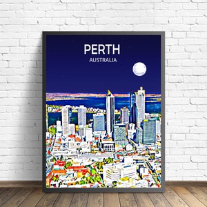 Perth Australia Art Poster Sunset / Night Poster Art Print, Perth City Modern Wall art, Colorful Skyline Canvas Photo sketch Gift