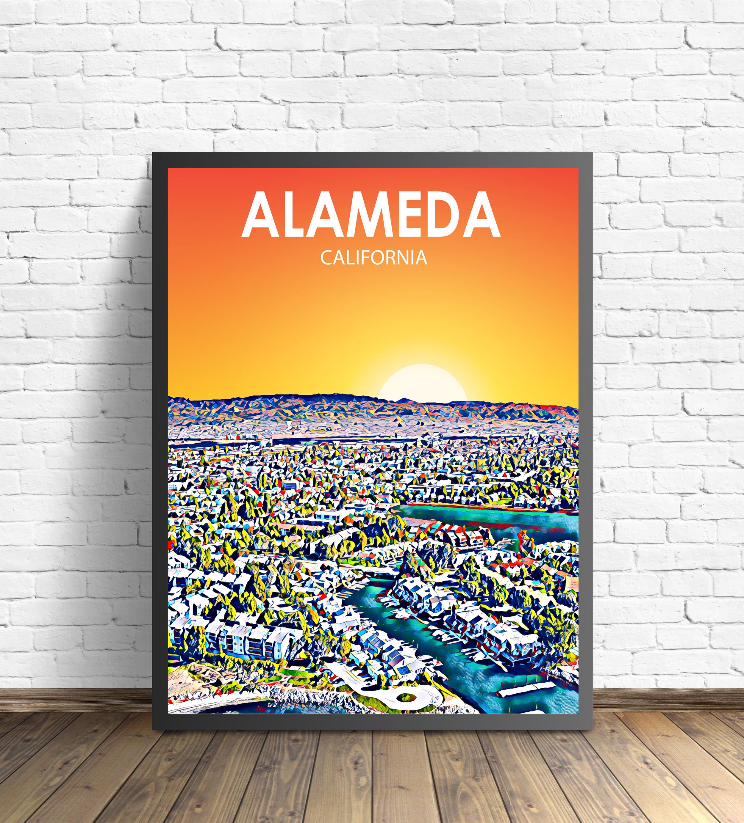 Alameda CA Art Poster California Sunset or Night Landscape Poster, Alameda Print Framed Wall Art United States, Colorful Sketch Poster Decor