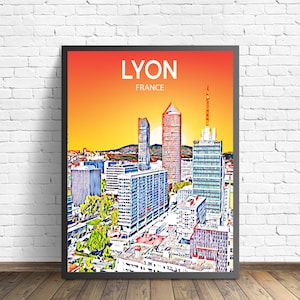 Lyon Frankreich Kunst Poster Sonnenuntergang / Nacht Poster Kunstdruck, Lyon Stadt Moderne Wandkunst, Bunte Skyline Leinwand Skizze Foto Skizze