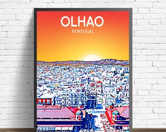 Olhao Portugal Art Poster Sunset / Night Poster Art Print, Olhao City Modern Wall art, Colorful Skyline Canvas Photo sketch Gift