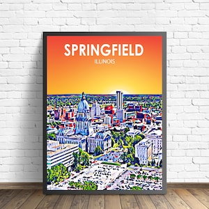 Springfield IL Art Poster, Illinois Sunset Landscape Poster Print, Springfield City Framed Wall Canvas Art Colorful Skyline Sketch Photo