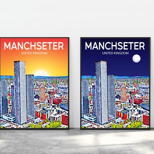 Manchester United Kingdom Art Poster Sunset Print Artwork Picture, Manchester Photo Decor