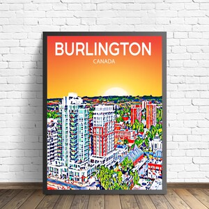 Burlington Canada Art Poster Sunset / Night Poster Art Print, Burlington City Modern Wall art, Colorful Skyline Canvas Sketch