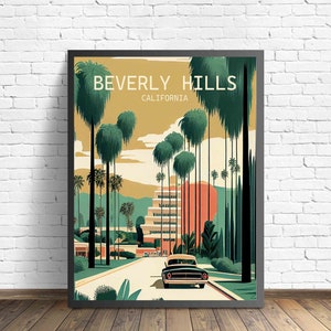 Beverly Hills California Retro Art Print, Beverly Hills Art Illustration, Beverly Hills Minimal Design Poster