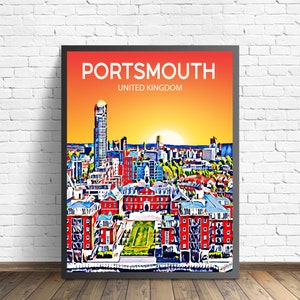 Portsmouth UK Art Poster Sunset / Night Poster Art Print, Portsmouth City Modern Wall art, Colorful Skyline Canvas Photo sketch