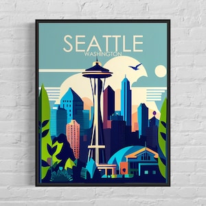 Seattle Washington Retro Art Print, Seattle Wall Art Illustration, Seattle Vintage Minimal Design Poster
