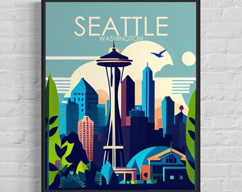 Seattle Washington Retro Art Print, Seattle Wall Art Illustration, Seattle Vintage Minimal Design Poster