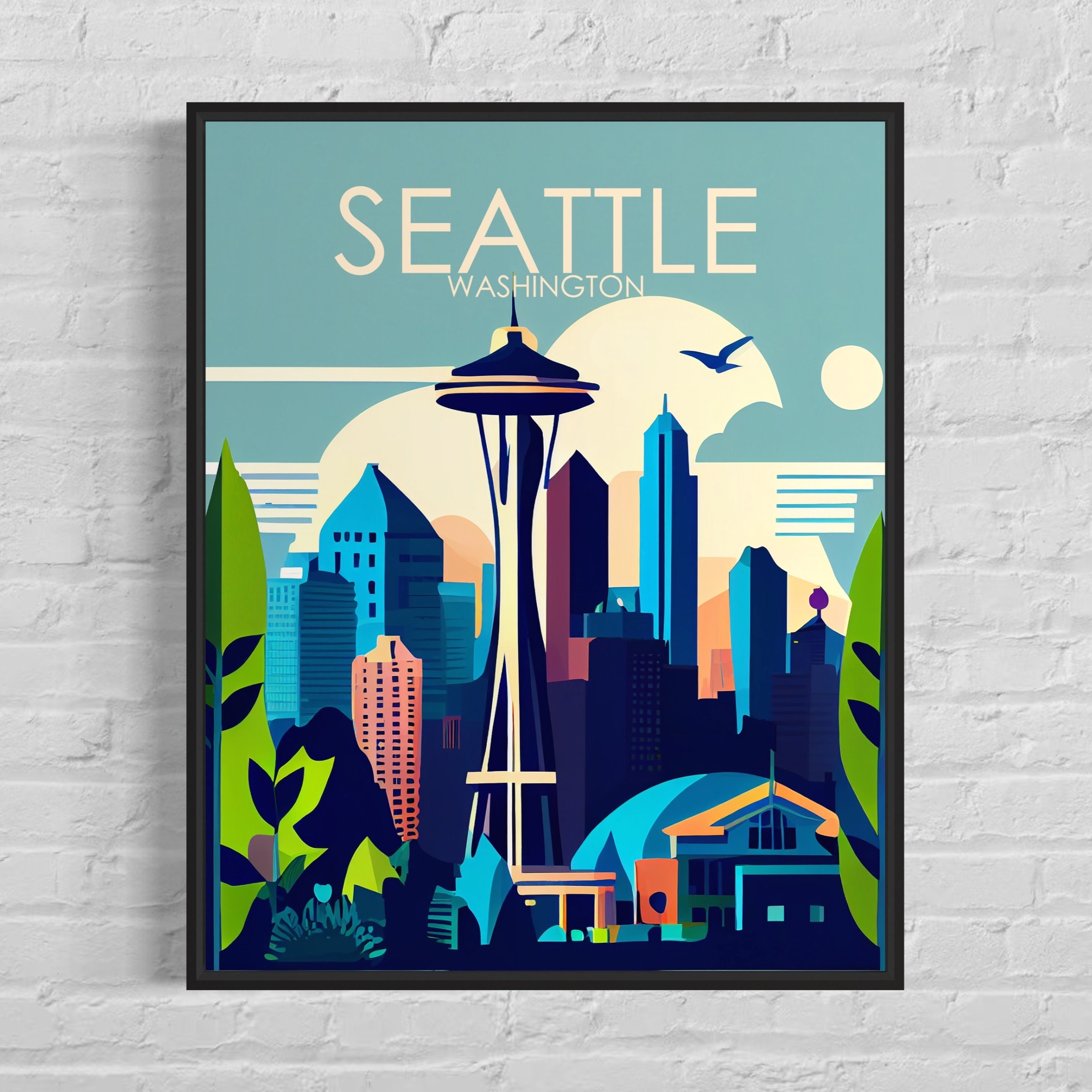 Seattle Washington Retro Art Print Seattle Wall image