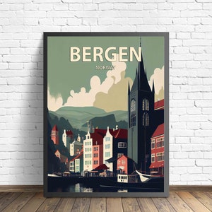 Bergen Norwegen Retro Kunstdruck, Bergen Wand Kunst Illustration, Bergen Vintage Minimal Design Poster