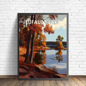 Eufaula Lake Oklahoma Retro Art Print, Eufaula Lake Oklahoma muurkunst illustratie, vintage 1960's design poster artwork