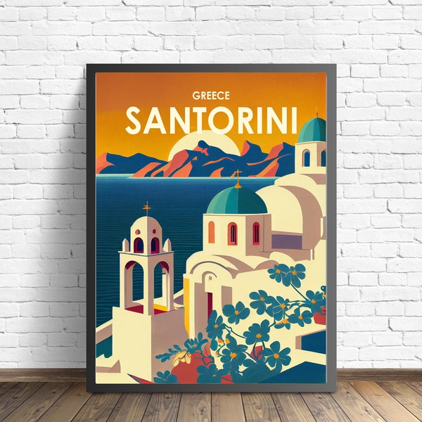 Santorini Greece Retro Art Print, Santorini Greece Wall Art Illustration, Santorini Greece Vintage Minimal Design Poster