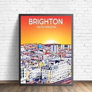 Brighton UK Kunst Poster Sonnenuntergang / Nacht Poster Kunstdruck, Brighton City Eingerahmt Moderne Wandkunst, Bunte Skyline Leinwand Skizze