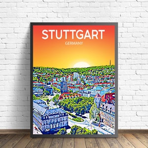 Stuttgart Germany Art Poster Sunset / Night Poster Art Print, Stuttgart City Framed Modern Wall art, Colorful Skyline Canvas Photo