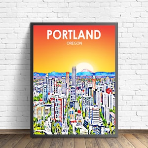 Portland OR Art Poster, Oregon Sunset Landscape Poster Print, Portland City Wall Canvas Art Colorful Skyline Sketch Photo