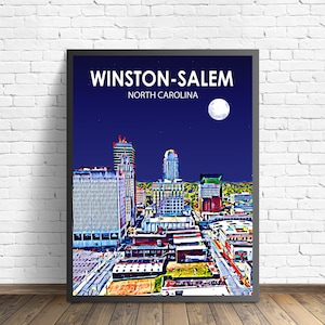 Winston-Salem North Carolina Sunset Landscape Poster Print, Winston Salem City Wall Canvas Art Colorful Skyline Sketch Photo