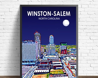 Winston-Salem North Carolina Sunset Landscape Poster Print, Winston Salem City Wall Canvas Art Colorful Skyline Sketch Photo