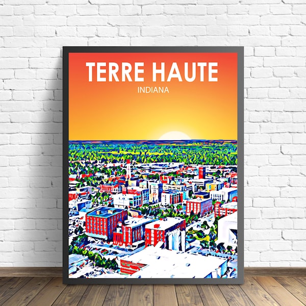 Terre Haute IN Art Poster, Indiana Sunset Landscape Poster Print, Terre Haute City Wall Canvas Art Colorful Skyline Sketch Photo