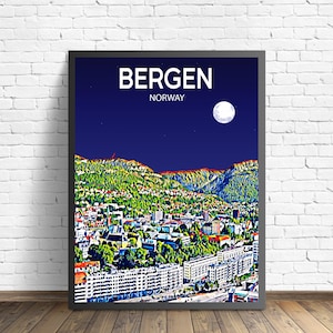 Bergen Norwegen Kunst Poster Sonnenuntergang / Nacht Poster Kunstdruck, Bergen City Gerahmt Moderne Wandkunst, Bunte Skyline Leinwand Skizze