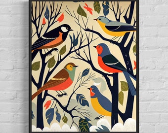 Songbirds Retro Art Print, Songbirds Illustration, Songbirds Vintage Minimal Design Poster