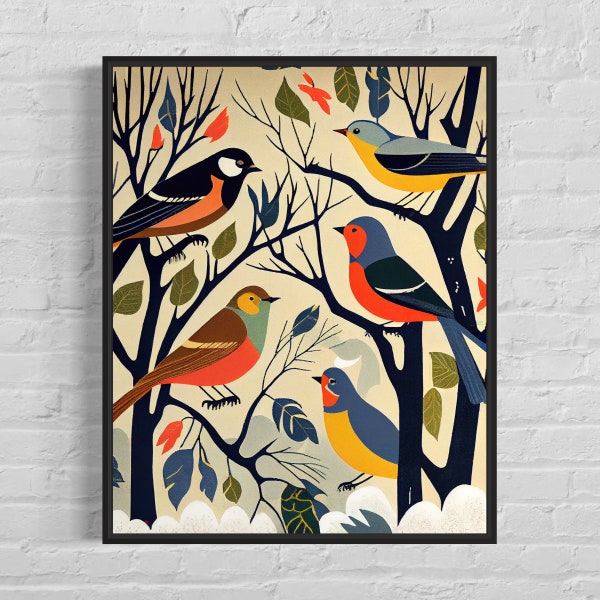 Songbirds Retro Art Print, Songbirds Illustration, Songbirds Vintage Minimal Design Poster