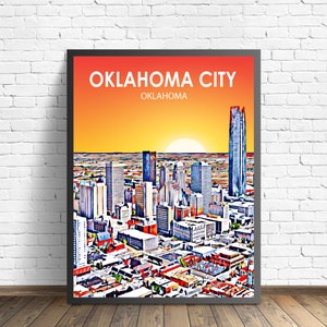 Impression d'affiche de paysage coucher de soleil d'Oklahoma City, Oklahoma City, art mural sur toile, photo d'esquisse colorée d'horizon