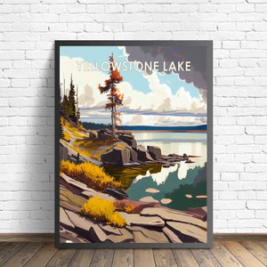 Impression d'art rétro du lac Yellowstone, illustration d'art mural du lac Yellowstone, oeuvre d'art affiche design vintage des années 1960 du lac Yellowstone