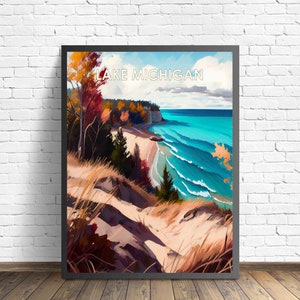 Lake Michigiankanne Retro Kunstdruck, Lake Michigian Wand Kunst Illustration, Lake Michigan Vintage 1960er Jahre Design Poster Kunstwerk